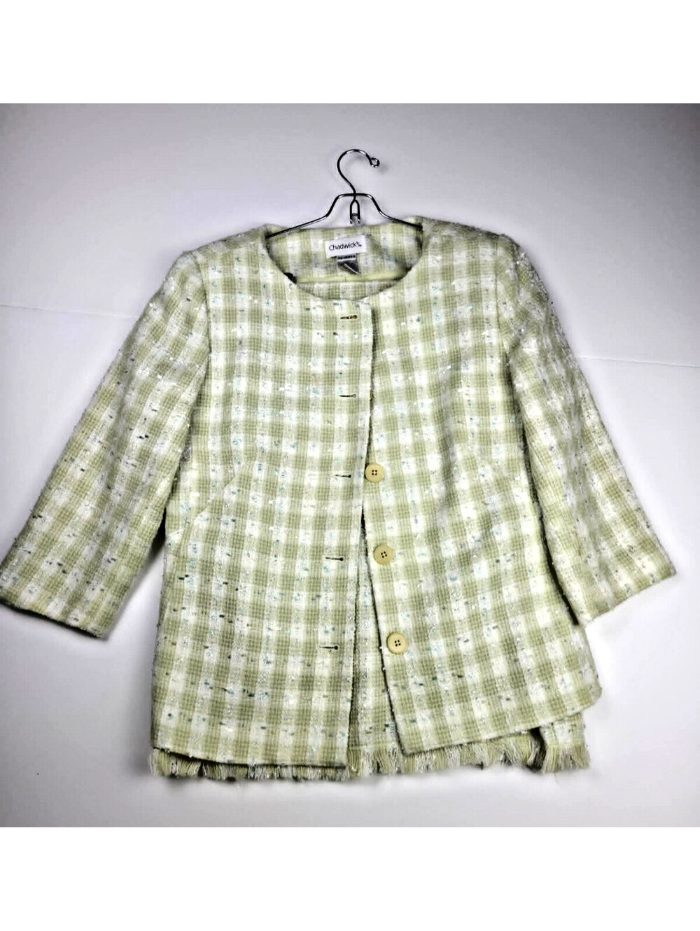 Chadwick's Green Ivory Tweed Sequin Fringe Blazer Skirt Suit 10 2PC Vintage